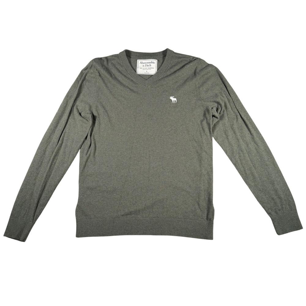 Abercrombie & Fitch‎ V-Neck Sweater Mens Large Olive Green Moose Logo Knit READ